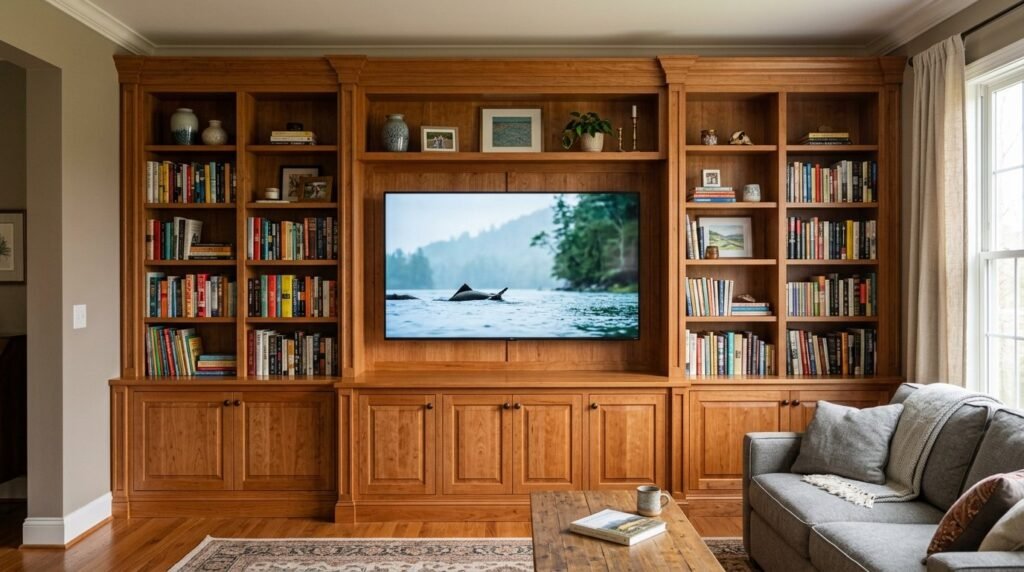 Custom wood cabinetry surrounding a modern kitchen layout with warm wood textures.
