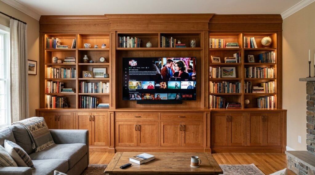 Elegant custom wood cabinets surrounding a modern kitchen storage area.