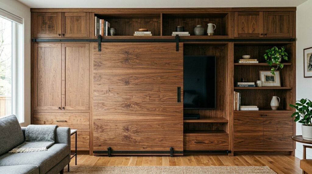 High-quality custom wooden cabinets installed in a modern kitchen or home interior space.