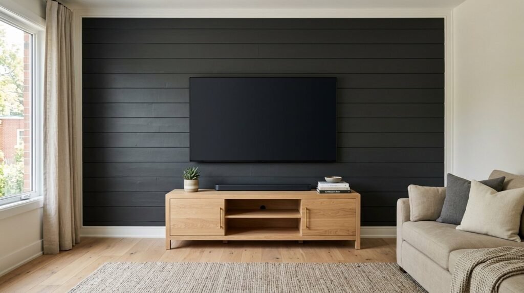 Close up view of modern dark charcoal shiplap wooden wall paneling in a living space.