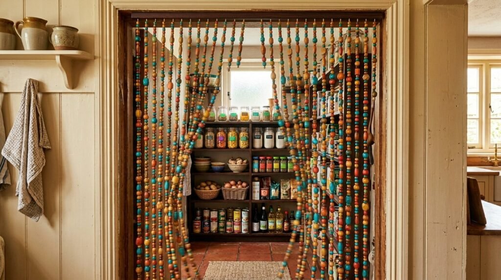 Close-up shot of a decorative beaded curtain hanging against a bright window.