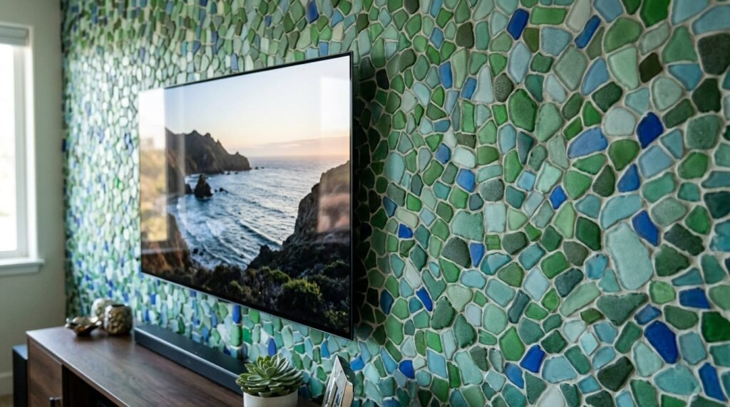 A detailed close-up of a colorful and decorative mosaic wall with intricate patterns.