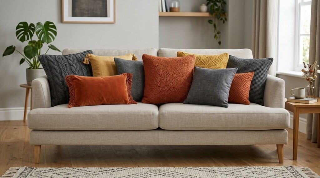 A close-up view of elegant decorative throw pillows arranged on a comfortable living room sofa.