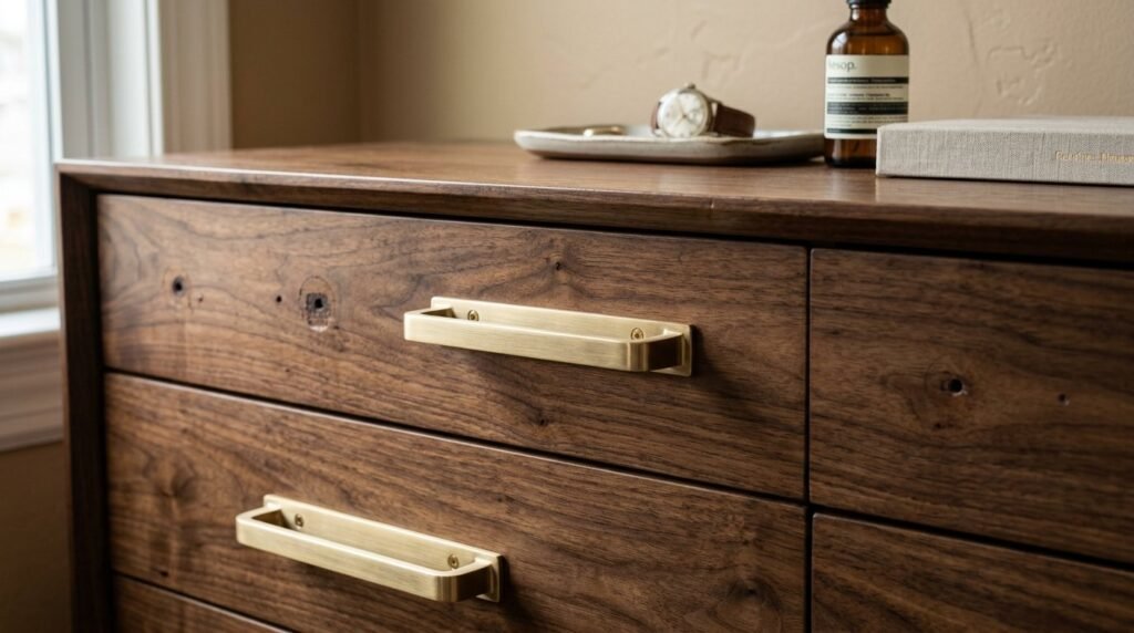 A stylish wooden dresser featuring polished brass handles in a bright bedroom setting.
