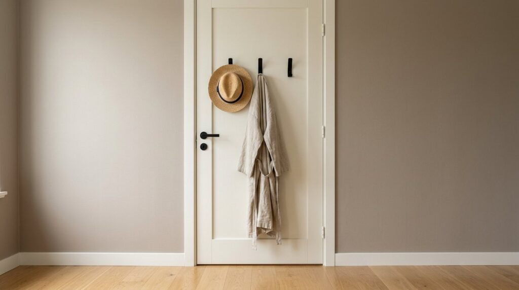 Close up of sleek metal bedroom door hooks used for organizing clothing and accessories.