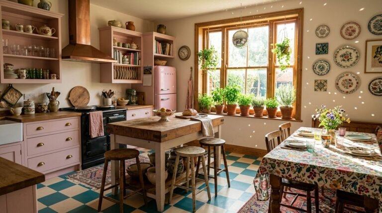 An eclectic kitchen design featuring colorful cabinets, patterned tiles, and unique decorative accents.