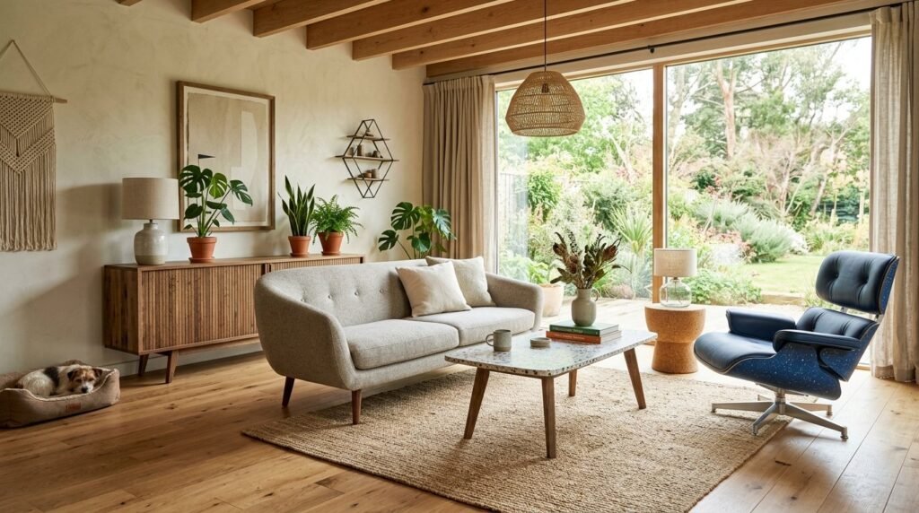 Bright, modern living room interior featuring eco-friendly sustainable materials and natural decor elements.