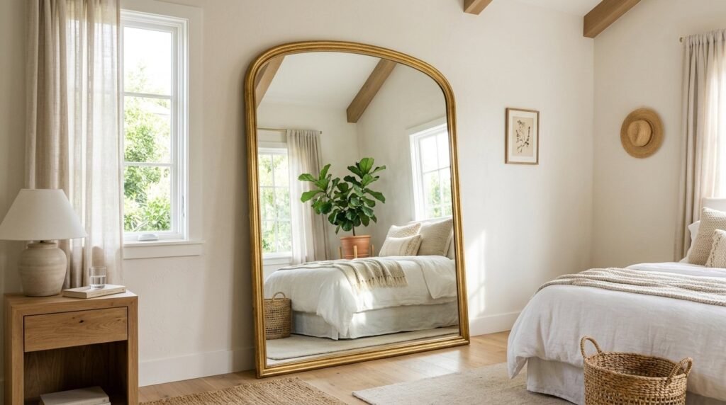 A stylish arched floor mirror leaning against a minimalist white wall in a bright home interior.