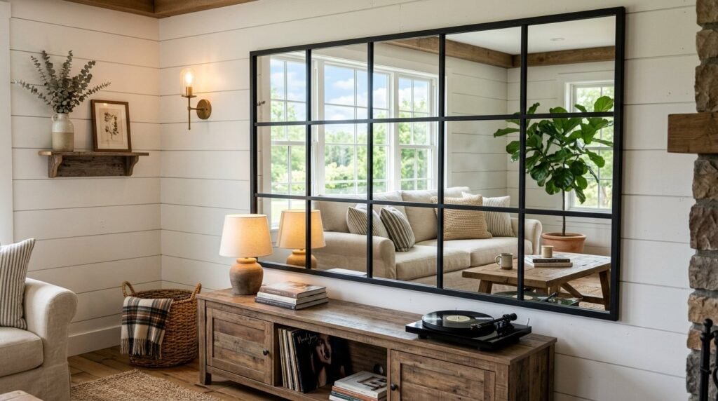 A stylish decorative mirror mounted securely on a modern interior wall.