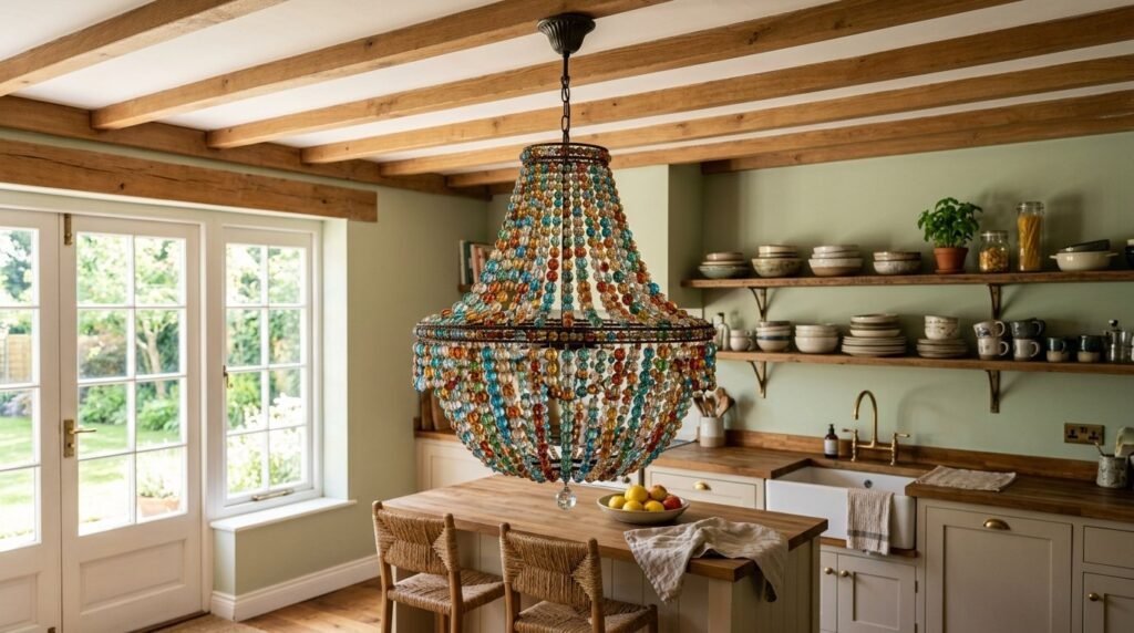 Luxurious glass bead chandelier hanging in a modern home interior