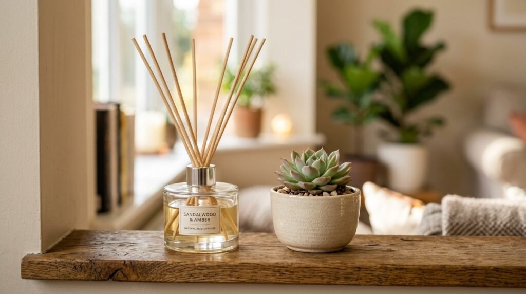 A decorative glass reed diffuser bottle placed on a minimalist table surface.