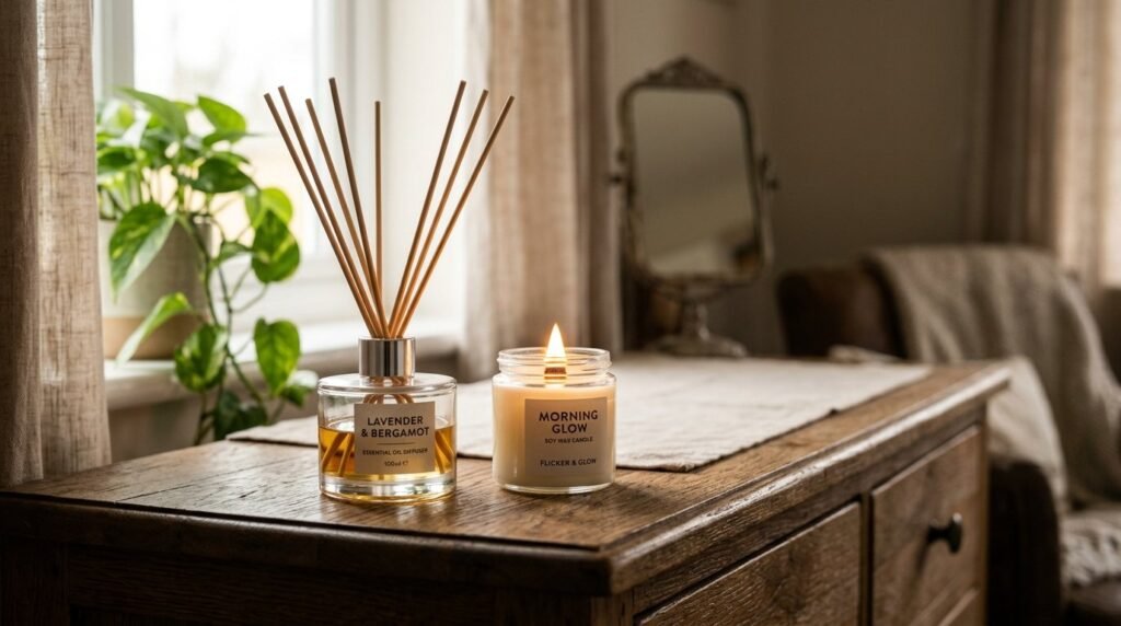 A stylish glass reed diffuser with wooden sticks on a clean minimalist surface.