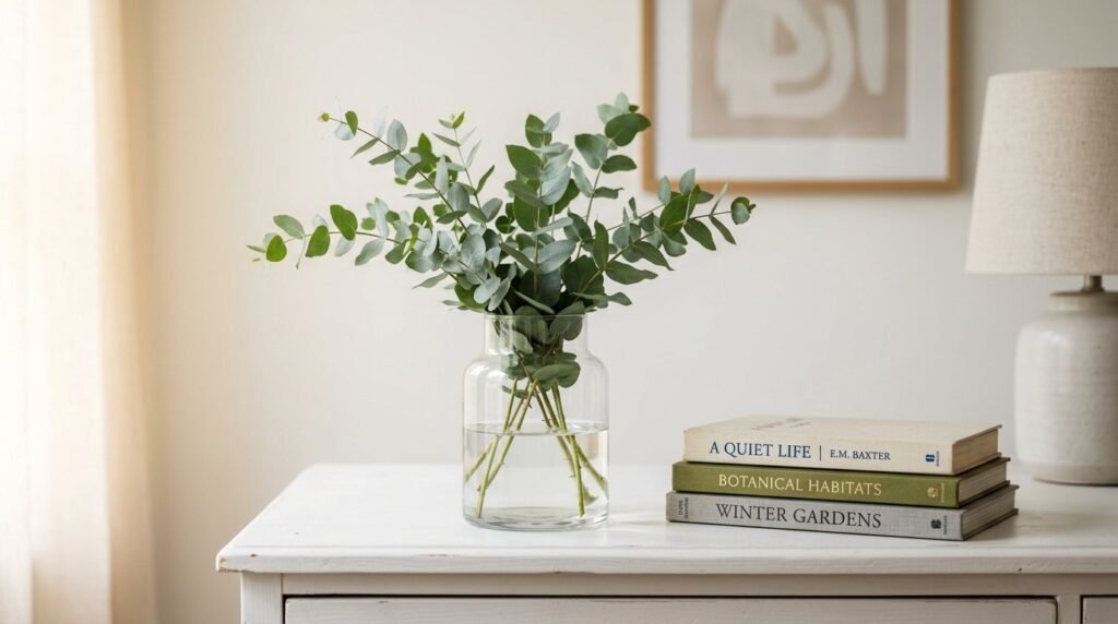 A high-quality clear glass vase sitting on a minimalist wooden table.