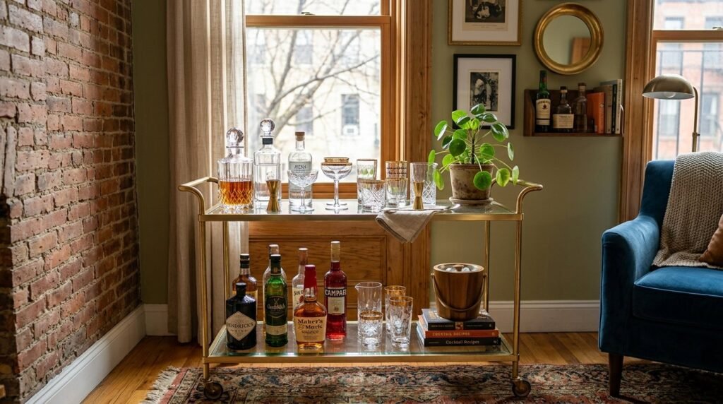 A stylish gold bar cart displayed in a modern home interior setting.