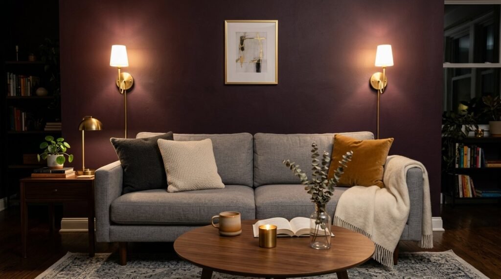 A modern interior wall featuring a smooth transition between deep plum and neutral grey tones.