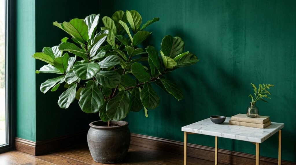 A smooth, vibrant emerald green accent wall in a modern, well-lit living space.