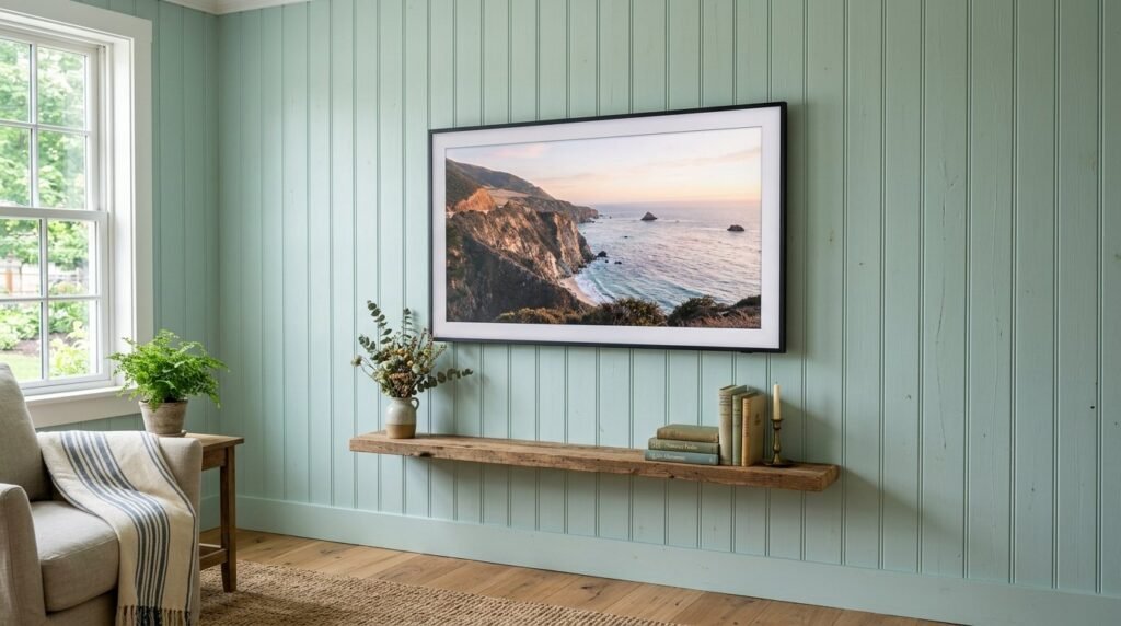 A sleek flat screen television securely mounted on a modern living room wall.