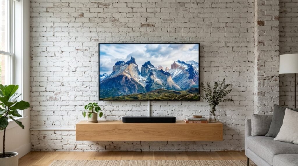 A sleek flat screen television mounted on a clean living room wall