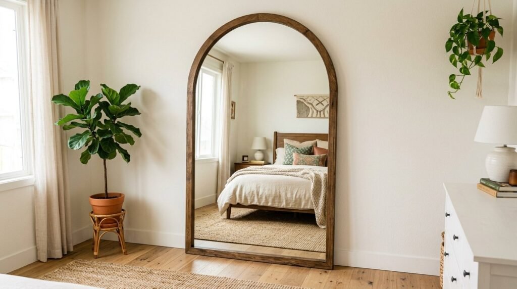 A stylish floor mirror reflecting a bright and modern home interior space.