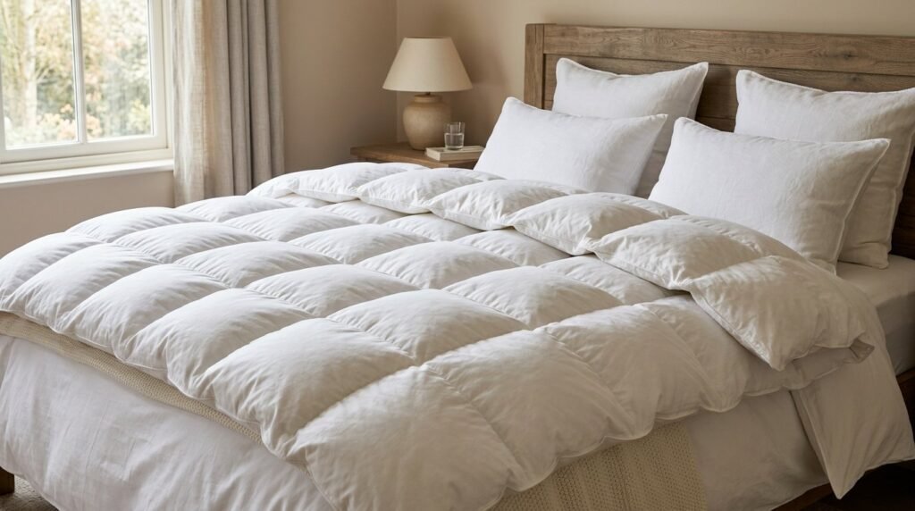 A close-up shot of a fluffy white goose standing peacefully in a bright green meadow.