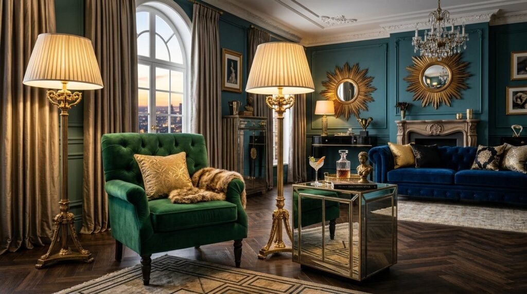 A sophisticated and glamorous room interior highlighted by rich velvet furniture and soft ambient lighting.