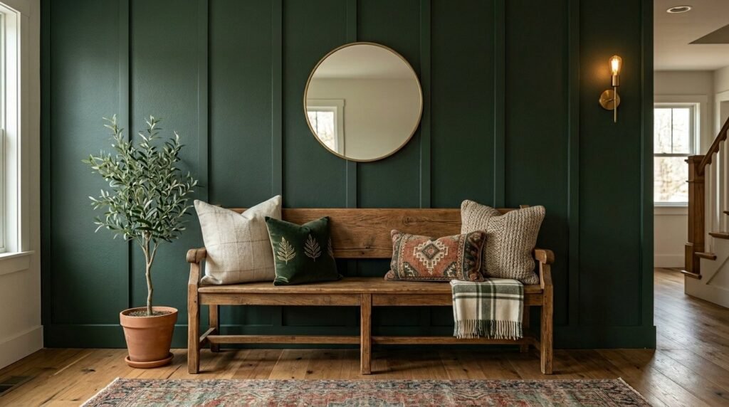 A stylish room featuring a modern green board and batten wall accent.