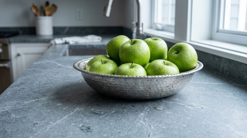 Close up view of a smooth grey soapstone countertop with natural veining in a modern kitchen.
