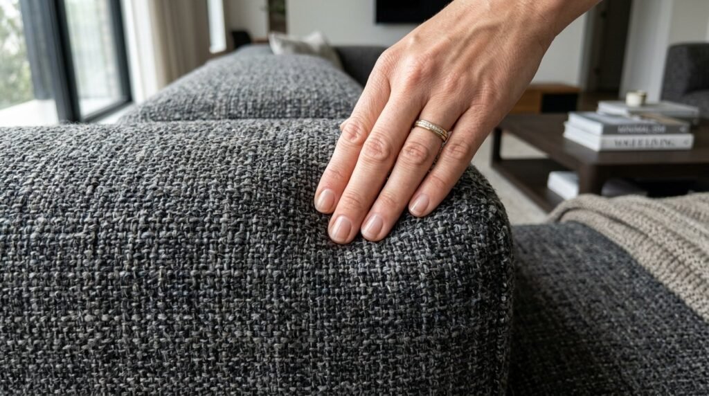 Close up of a hand feeling the texture of high quality designer clothing fabric