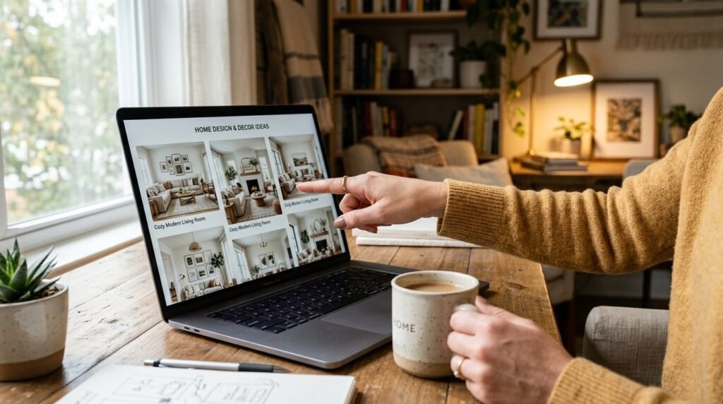 Close up of business professionals hands pointing at a laptop screen during a collaborative work meeting.