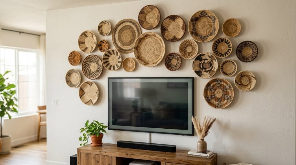 A set of handwoven seagrass baskets placed in a minimalist interior setting.