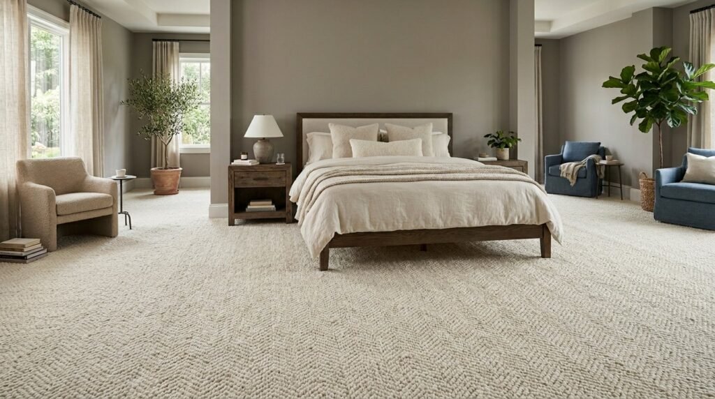 Close-up view of a high-quality textured wool rug in a modern living space.