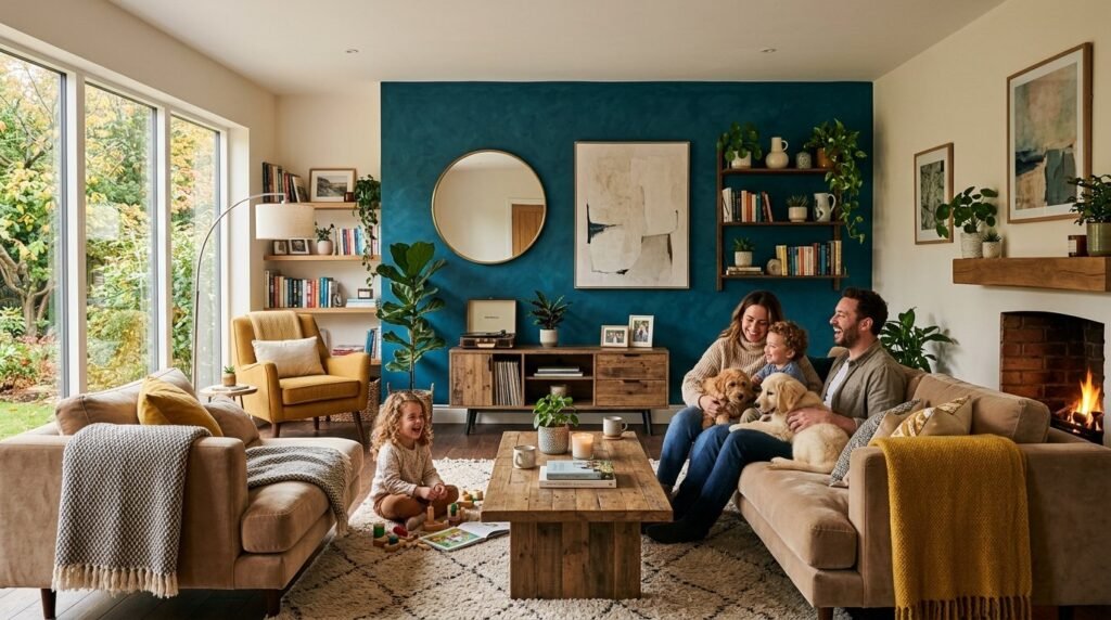 A happy family relaxing together in a brightly lit modern living room