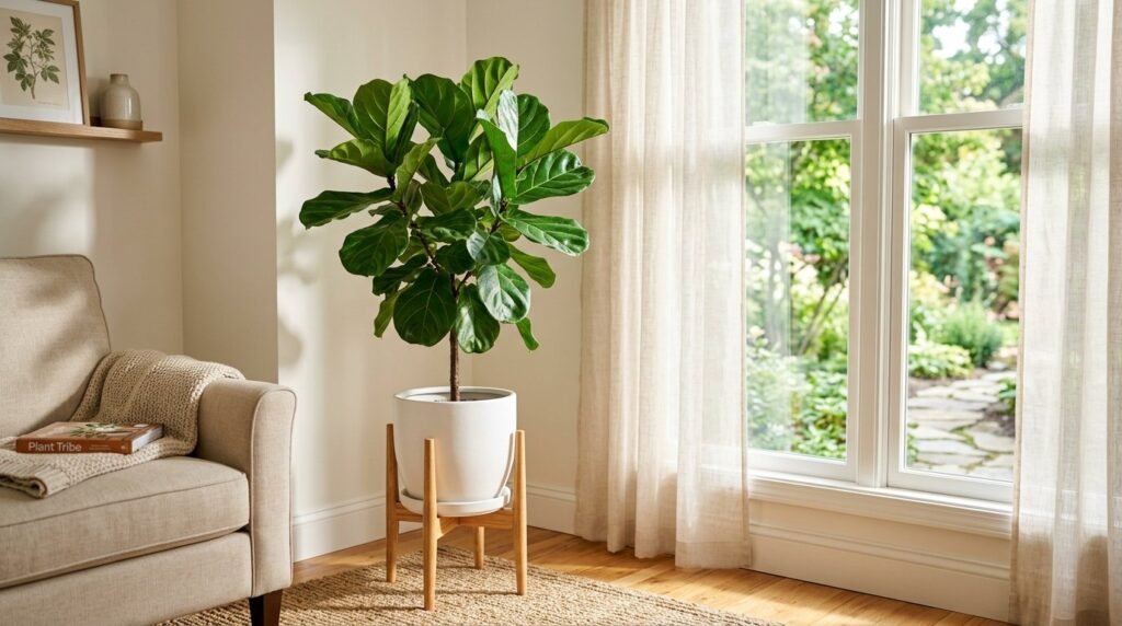 A lush green Fiddle Leaf Fig plant with large glossy leaves in a bright living room.