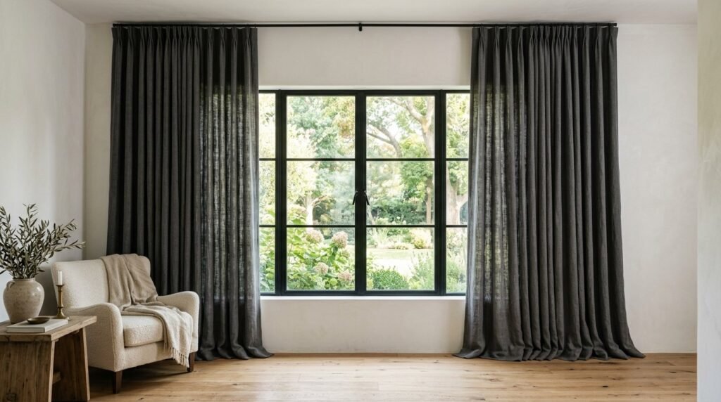 Close up view of luxurious heavy linen curtains hanging in a bright, modern living room.