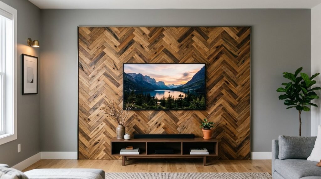 A close-up shot of elegant herringbone patterned hardwood flooring with rich natural wood grain details.