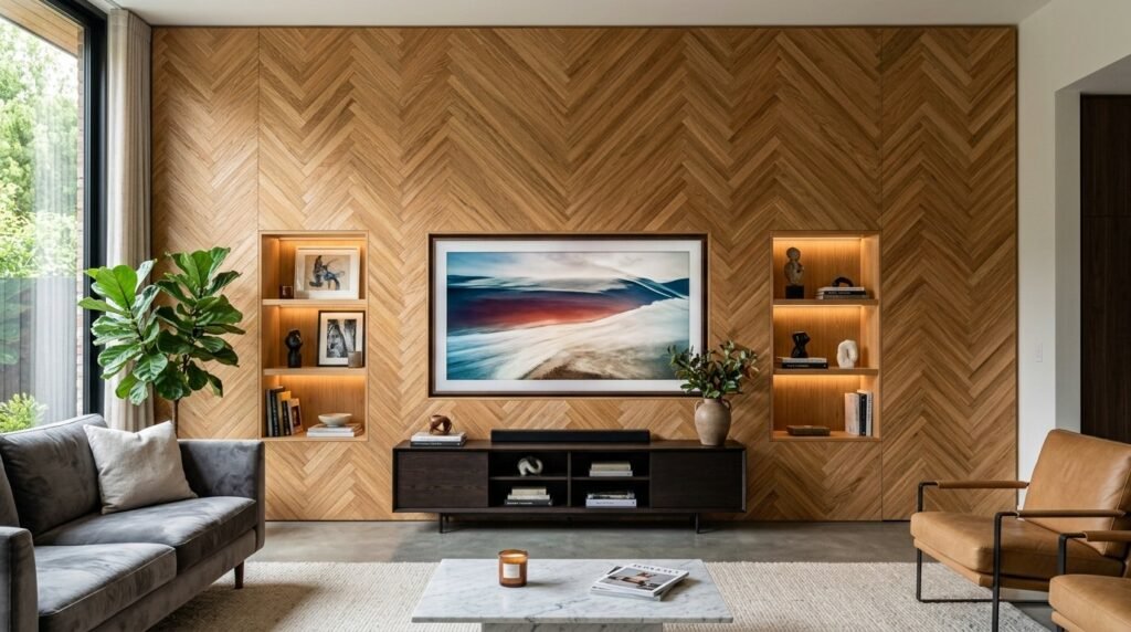 Close-up view of a high-quality herringbone pattern hardwood floor with natural wood grain.