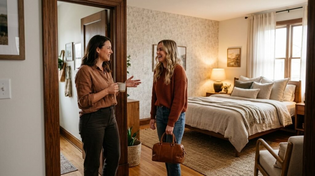 Professional host greeting a guest at a formal event reception area.