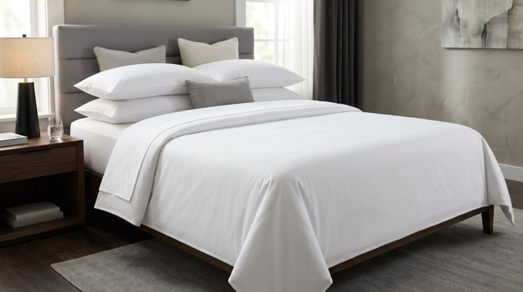 A neatly made hotel bed featuring fresh white triple sheeting and plush pillows.