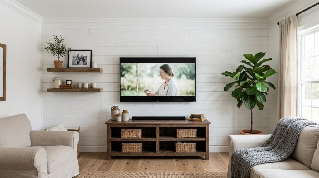 A craftsman carefully measuring and installing decorative white crown molding in a residential living room.