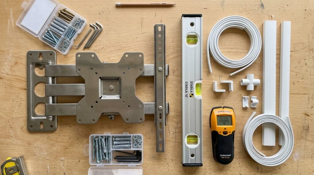 A professional using a spirit level to ensure a television wall mount is perfectly horizontal.