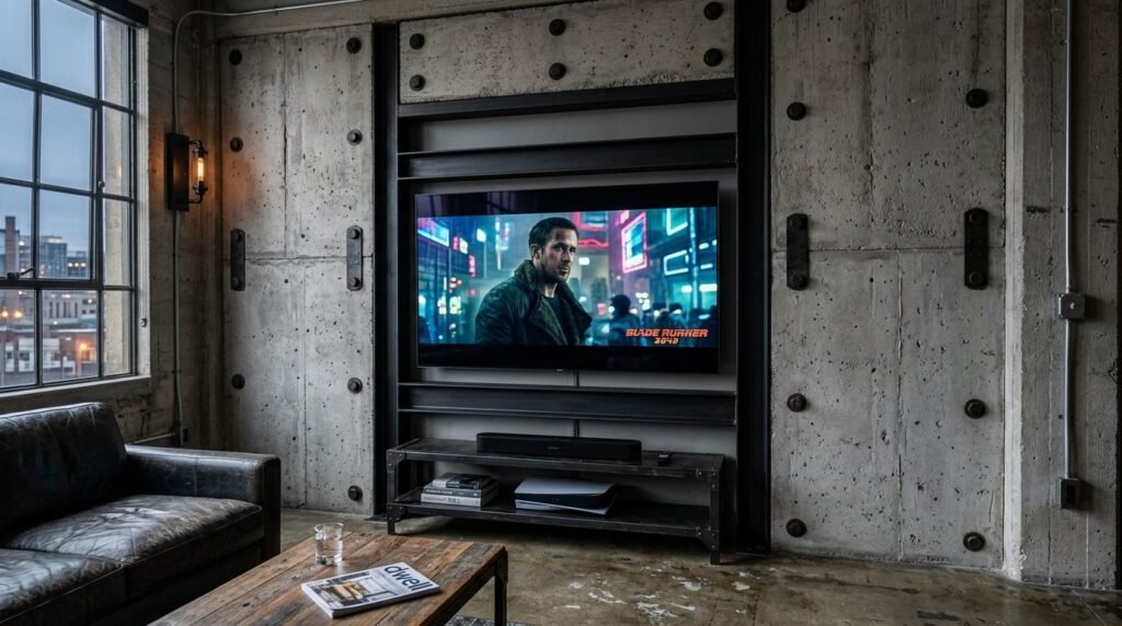 A sleek modern industrial TV wall with integrated shelving and minimalist lighting.