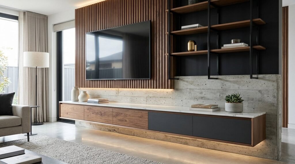 A sophisticated interior design space featuring a curated blend of textures and mixed materials.