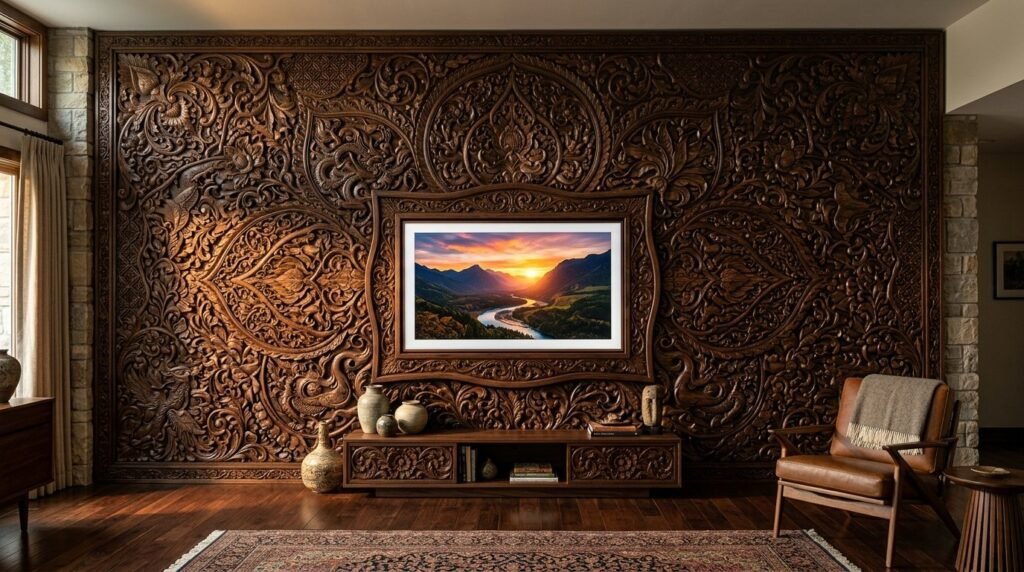 A macro shot showcasing the artistic detail of an intricate carved wooden panel.