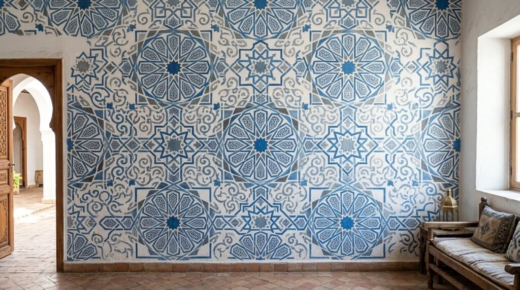 Close up view of an intricate Moroccan patterned wall with traditional vibrant tile designs.