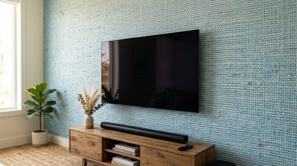 Close up view of high quality light blue grasscloth wallpaper texture