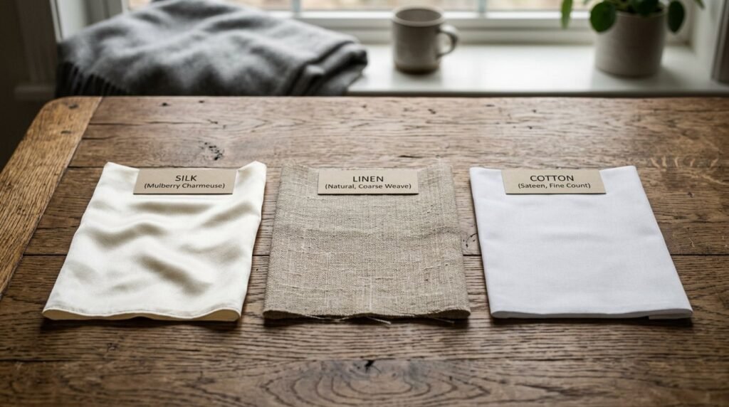 Close up view of various colorful high-quality textile swatches for luxury bedding.