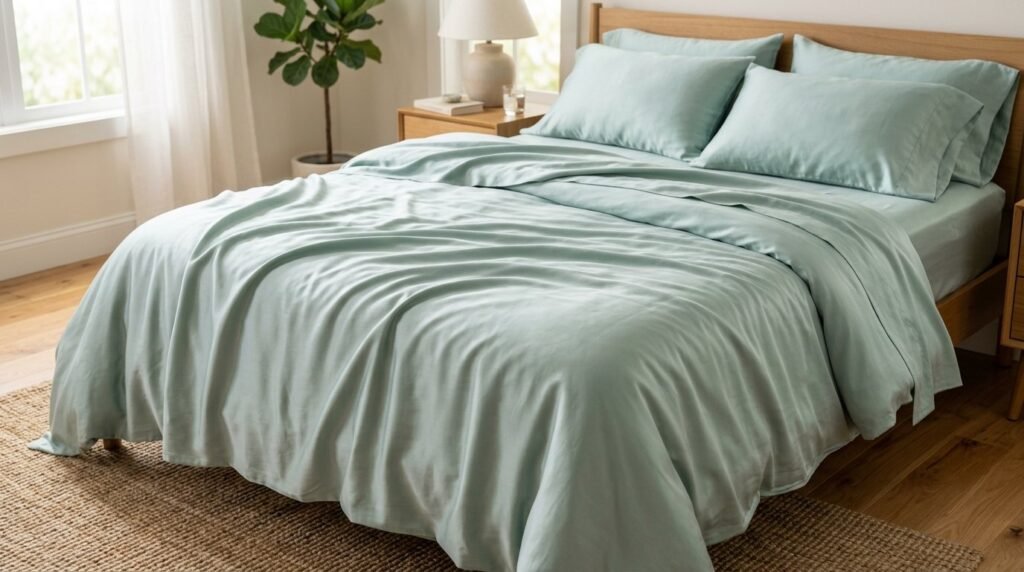 Close-up view of soft, breathable eco-friendly tencel sheets on a well-made bed in a bright bedroom.