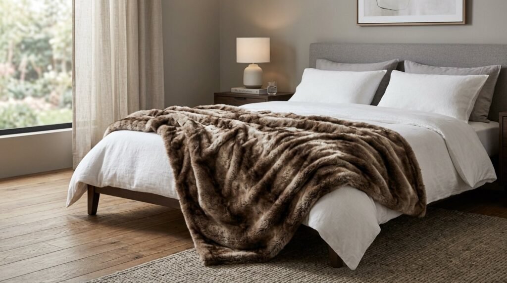 A soft and cozy faux fur throw blanket draped over a modern sofa in a bright living room.