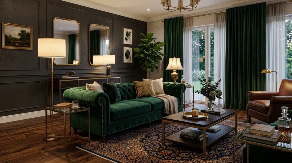 A stylish green velvet sofa centerpiece in a bright, modern contemporary living room.