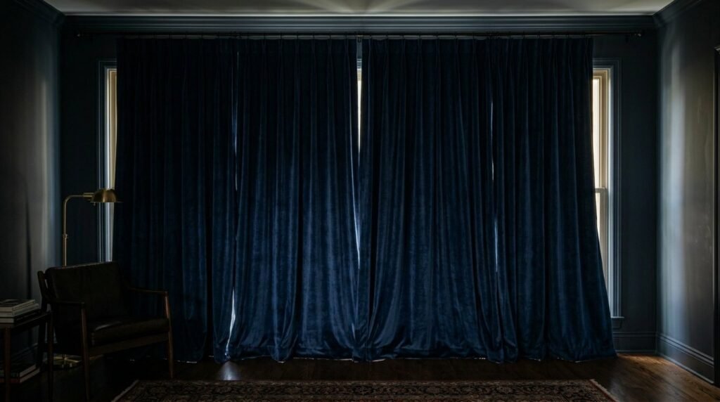 Close-up of luxurious heavy velvet curtains with rich texture and deep folds in a well-lit room.
